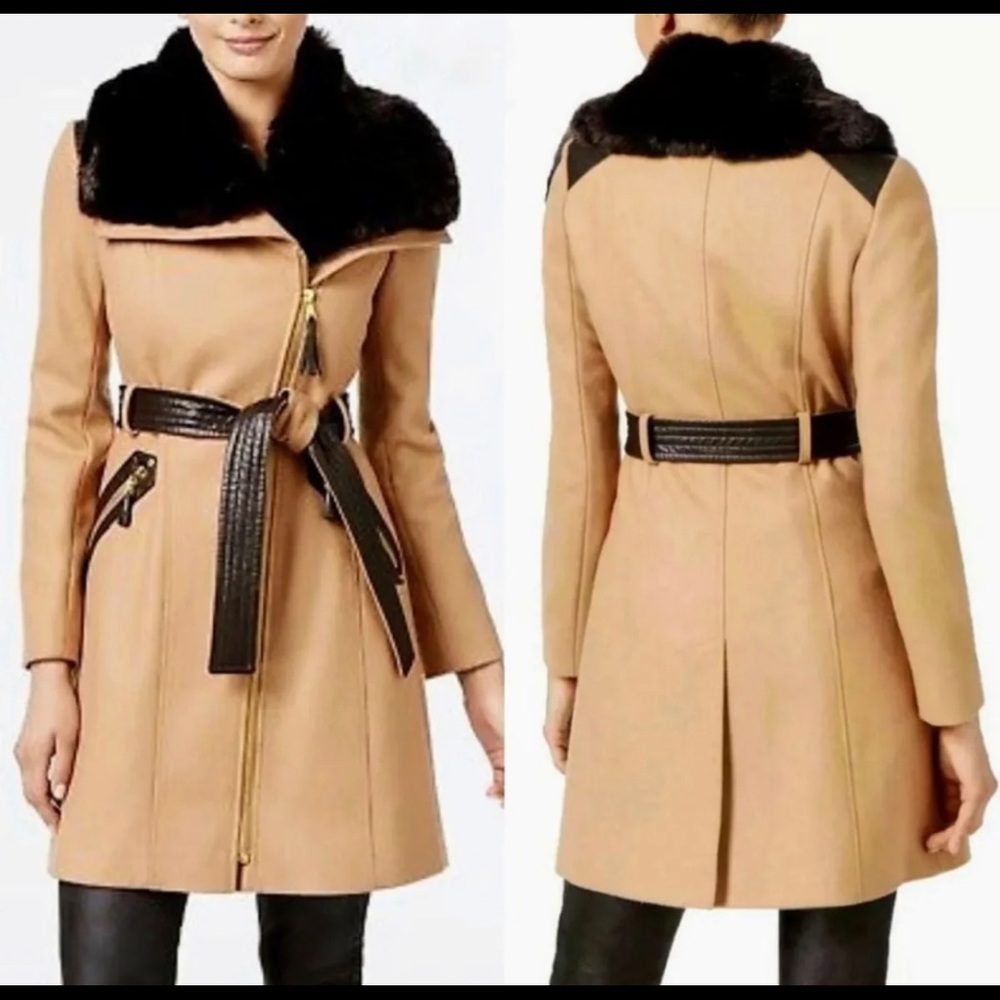 Via Spiga Wool Faux fur trim coat